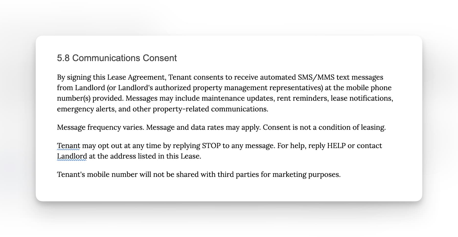 SMS opt-in section of lease agreement